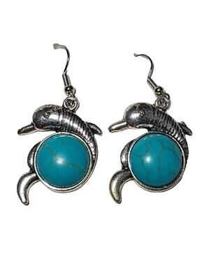 Silver Turquoise Stone Dolphin Dangle Drop Fashion Earrings